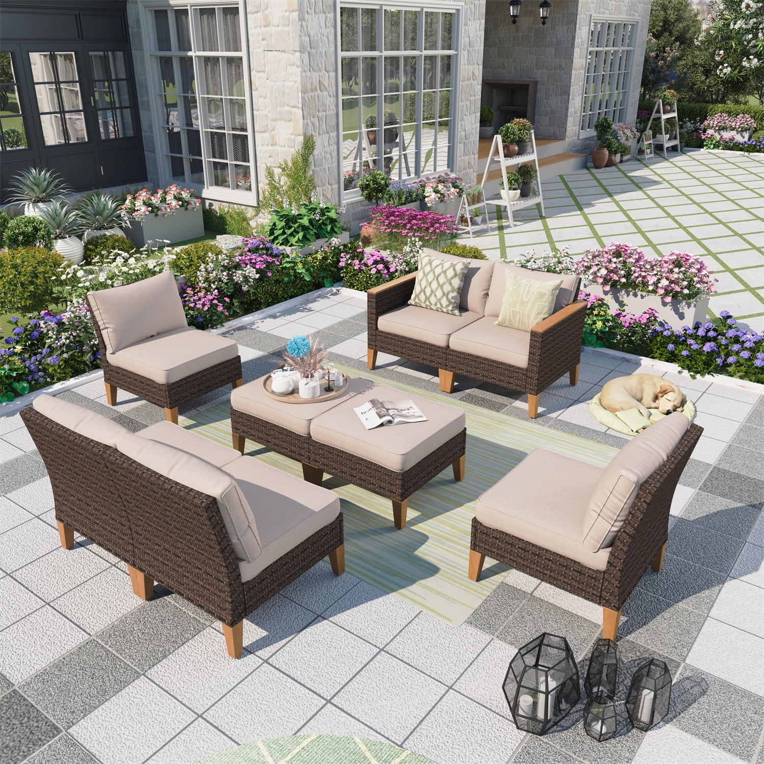 MF Studio 8 Piece Outdoor Patio Conversation Set Outdoor Furniture Sectional Wicker Sofa Set with Beige Cushions