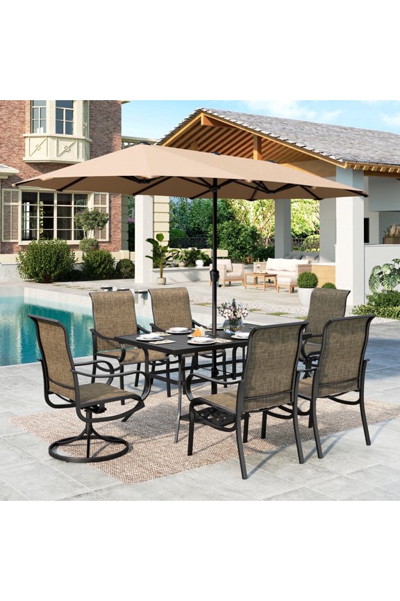 8-Piece Outdoor Patio Dining Set with 13ft Beige Umbrella, 59" Metal Patio Table and Textilene Chairs(2 Swivel, 4 Dining Chairs) for 6 People, Black & Brown-gray