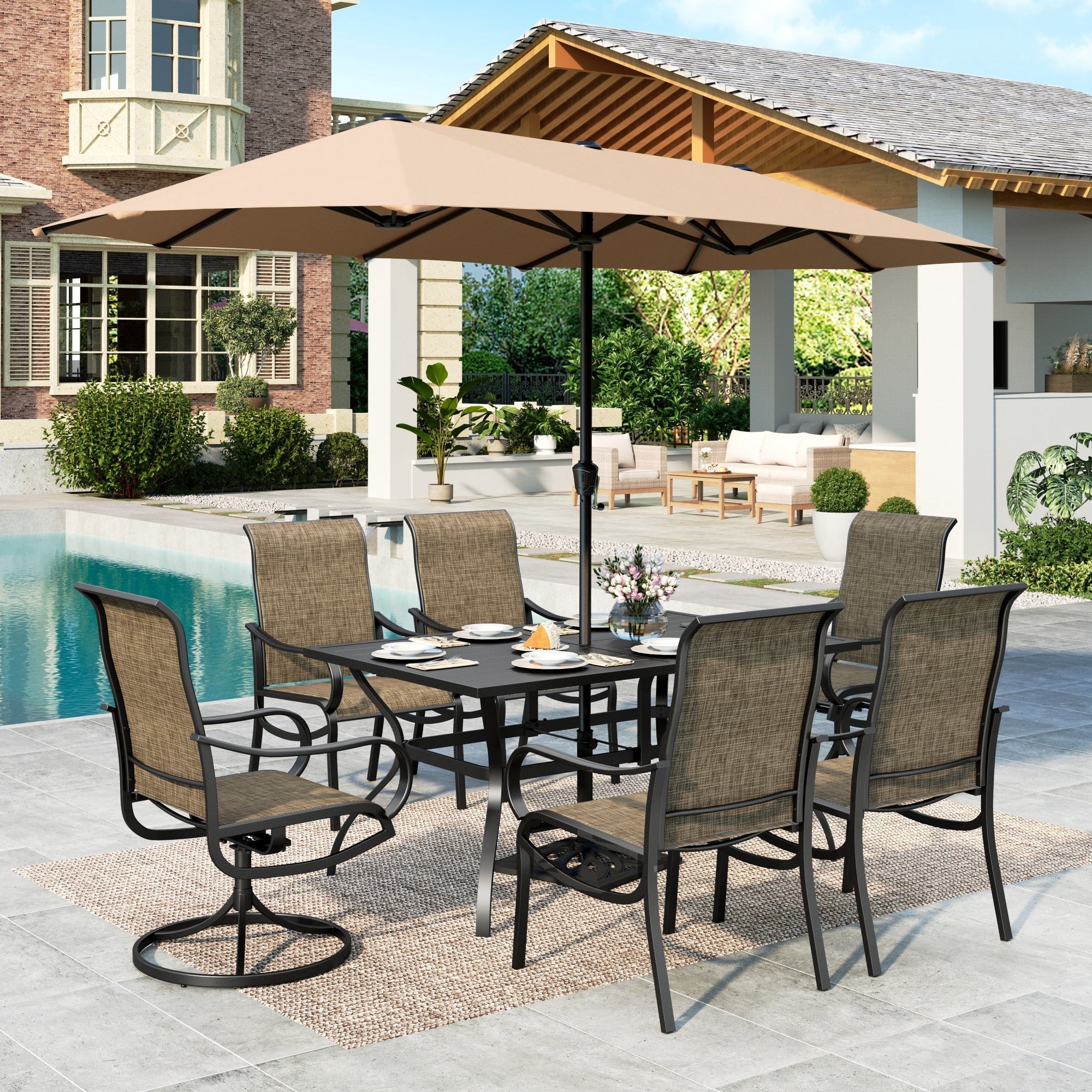 2 person patio set with umbrella Mf Studio 8-Piece Outdoor Patio Dining Set with 13ft Navy Blue Umbrella, 61.5 inch Wood-Look Patio Table and Textilene Chairs(2 Swivel, 4 Dining