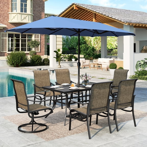 MF Studio 8-Piece Outdoor Patio Dining Set with 13ft Blue Umbrella, 59" Metal Patio Table and Textilene Chairs(2 Swivel, 4 Dining Chairs) for 6 People, Black & Brown-gray