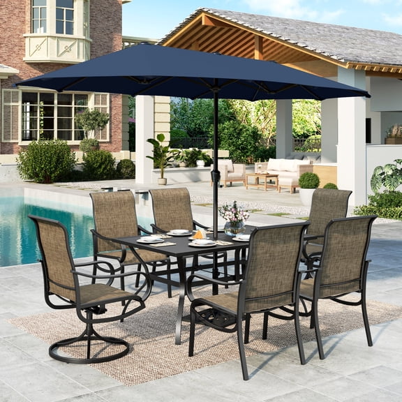 MF Studio 8-Piece Outdoor Patio Dining Set with 13ft Navy Blue Umbrella, 60" Metal Patio Table and Textilene Chairs(2 Swivel, 4 Dining Chairs) for 6 People, Black & Brown-gray