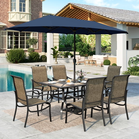 MF Studio 8-Piece Outdoor Patio Dining Set with 13ft Navy Blue Umbrella, 61.5" Wood-Look Patio Table and Textilene Chairs for 6 People, Black & Brown-gray