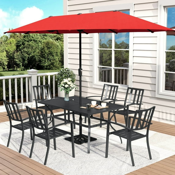 MF Studio 8-Piece Outdoor Patio Dining Set with 13 ft Umbrella, Stacking Chairs & 6-Person Table, Black & Orange Red