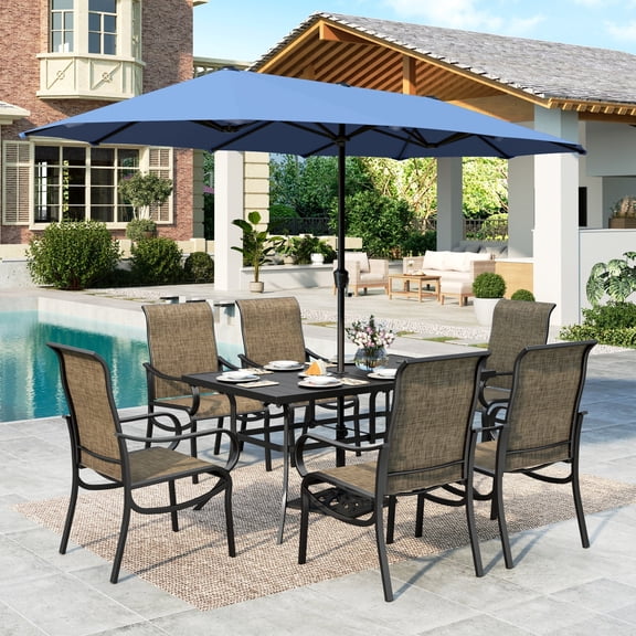 MF Studio 8-Piece Outdoor Patio Dining Set with 13ft Blue Umbrella, 59" Metal Patio Table and Textilene Chairs for 6 People, Black & Brown-gray