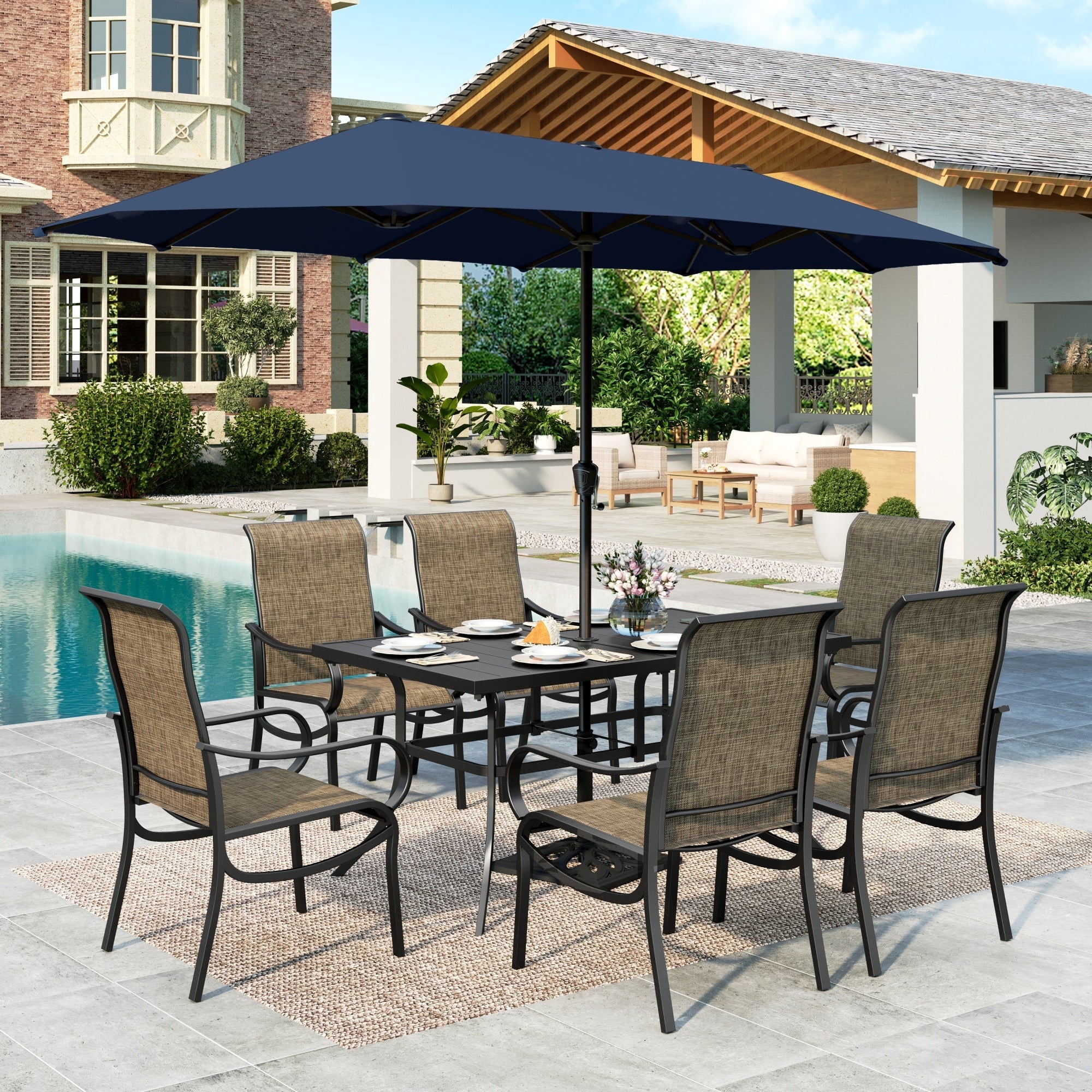 blue umbrella patio dining Mf Studio 8-Piece Outdoor Patio Dining Set with 13ft Navy Blue Umbrella, 61.5 inch Wood-Look Patio Table and Textilene Chairs(2 Swivel, 4 Dining