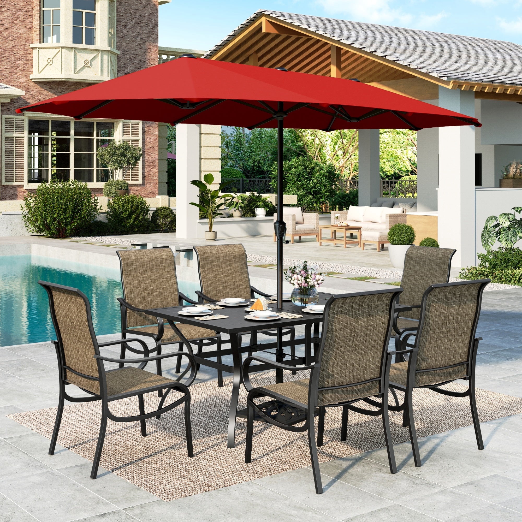 black patio set with a red umbrella Mf Studio 8-Piece Outdoor Patio Dining Set with 13ft Red Umbrella, 61.5 inch Wood-Look Patio Table and Textilene Chairs for 6 People, Black & Brown-