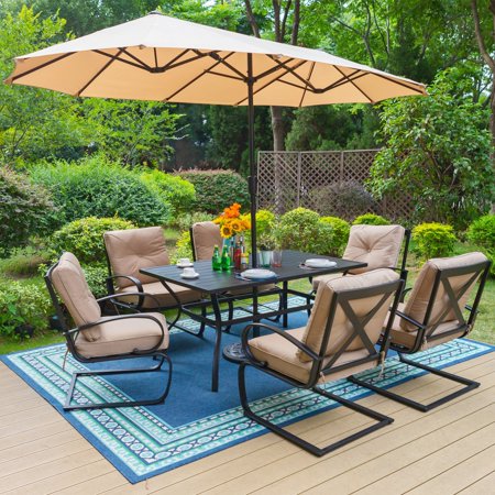 MF Studio 8-Piece Outdoor Patio Set with 13 FT Double-sided Umbrella, 6 PCS C-shape Padded Rocking Chairs&Rectangular Dining Table, Beige Cushion&Umbrella