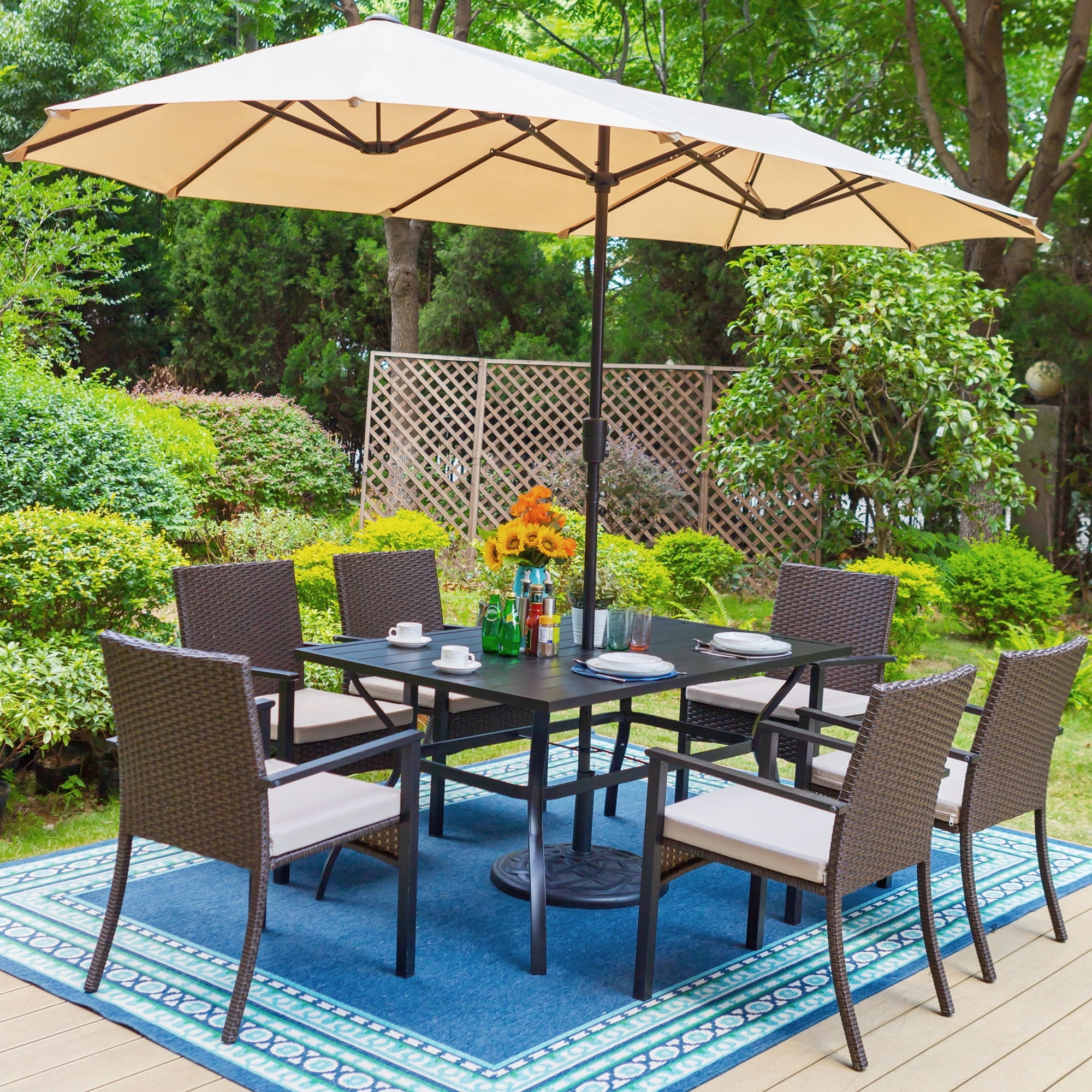 Walmart exclusive discounts  MF Studio 8-Piece Outdoor Patio Set with 13 ft Double-Sided Umbrella, 6 Wicker Cushioned Chairs & Rectangular Table, Black, Brown & Beige