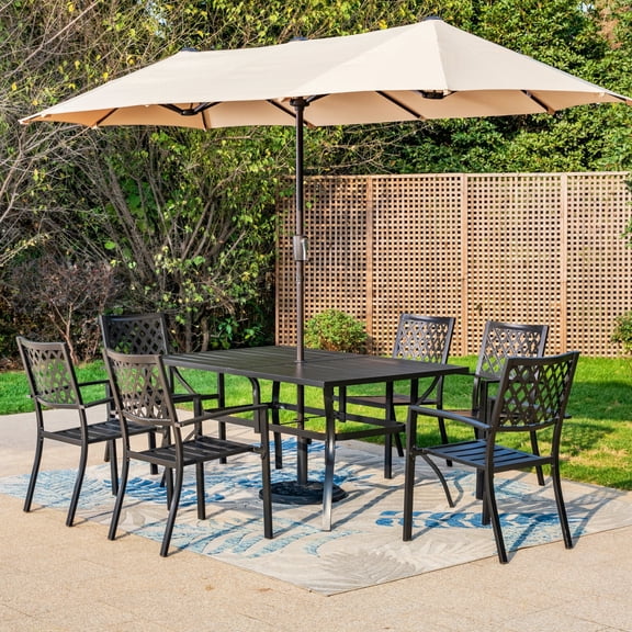 SUMMIT LIVING 8-Piece Patio Dining Set with 13 ft Twin-Side Umbrella, 6 Stackable Chairs & Rectangle Table, All-Weather Metal Steel, Black & Beige