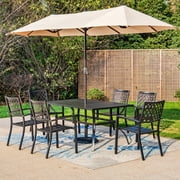 8-Piece Patio Dining Set with 13 ft Twin-Side Umbrella, 6 Stackable Chairs & Rectangle Table, All-Weather Metal Steel, Black & Beige