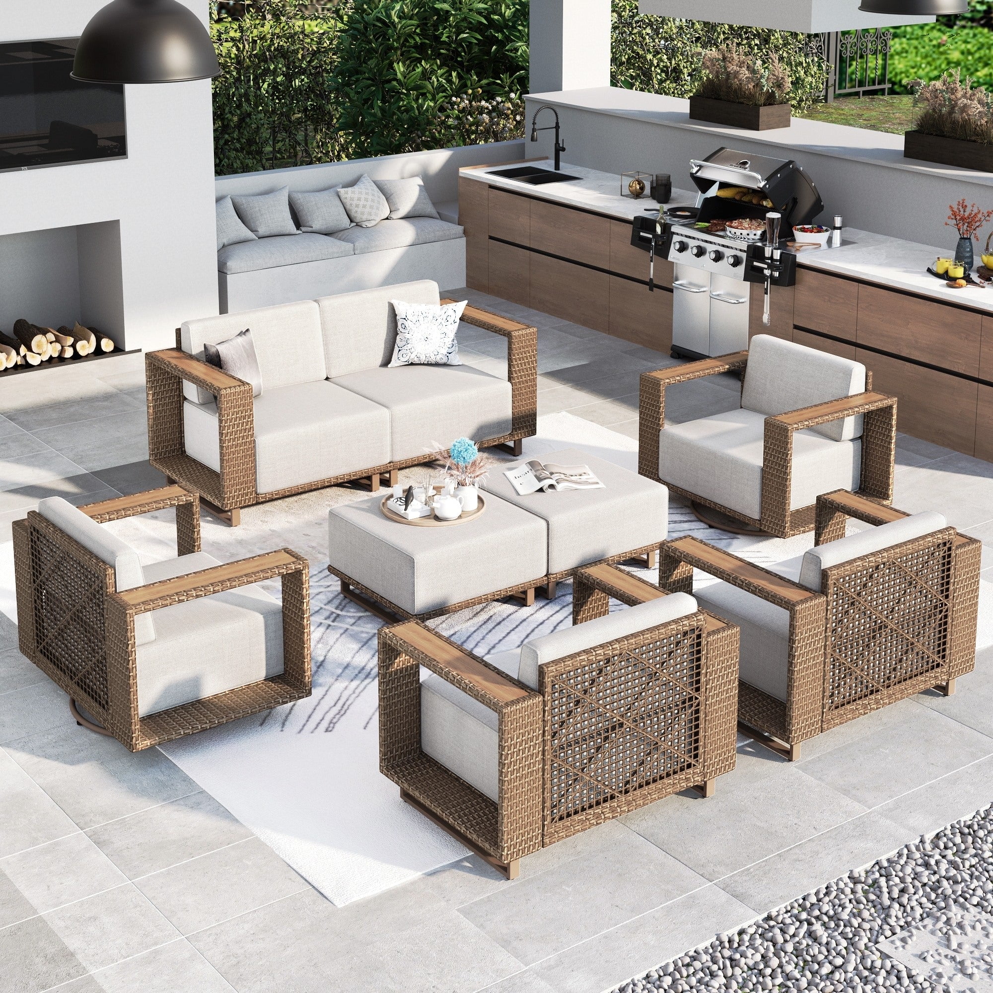 MF Studio 8-Piece Patio Furniture Set with Swivel Chairs, Wicker Outdoor Conversation Sofa Set with Ottomans, Beige