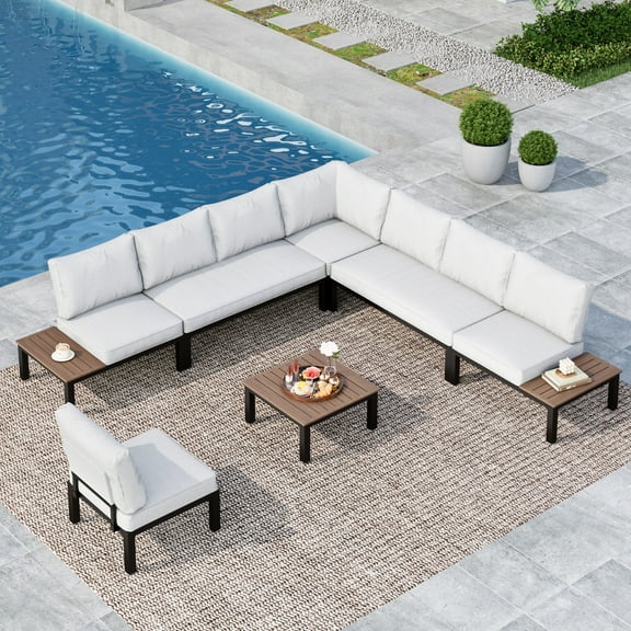 MF Studio 8-Seat Outdoor Patio Conversation Set, Outdoor Sectional Sofa with Full Set Cushions & Wood-Grain Coffee Table, Black & Light Gray
