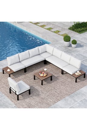 8-Seat Outdoor Patio Furniture Set, Outdoor Sectional Conversation Set with Full Set Cushions & Wood Coffee Table, Black & Light Gray