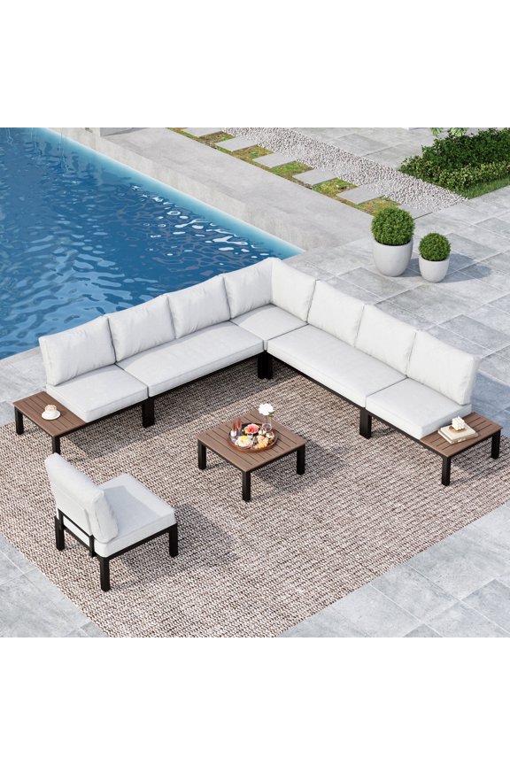 8-Seat Outdoor Patio Furniture Set, Outdoor Sectional Conversation Set with Full Set Cushions & Wood Coffee Table, Black & Light Gray