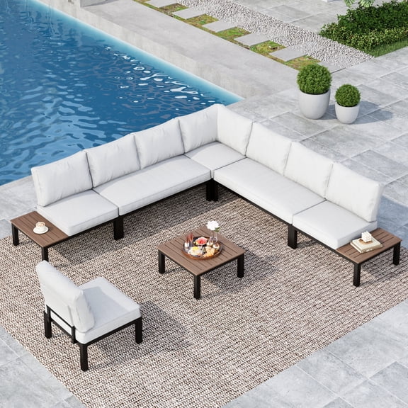 MF Studio 8-Seat Outdoor Patio Furniture Set, Outdoor Sectional Conversation Set with Full Set Cushions & Wood-Grain Coffee Table, Black & Light Gray