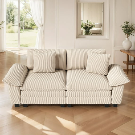 MF Studio 87.5" Love-Seat Sofa with Extra Deep Seat for Living Room, 3-Seat Corduroy Sectional Sofa with 2 Pillows, White