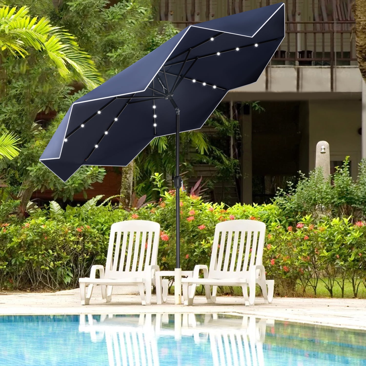 MF Studio 9 Ft Patio Umbrella with LED Solar Lights Navy Blue