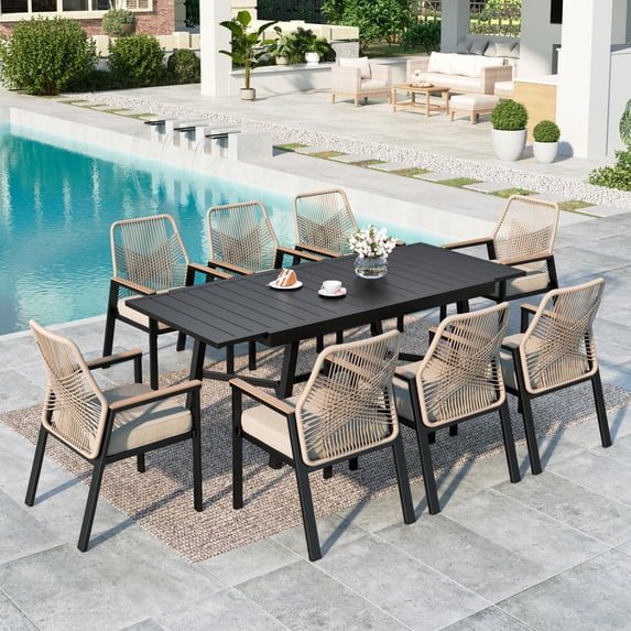 MF Studio 9-Piece Outdoor Patio Dining Set, 84" Extendable Table with 8 Cushioned Rattan Chairs, Black and Beige