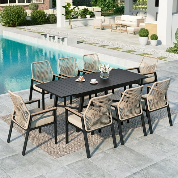 MF Studio 9-Piece Outdoor Dining Set, 8 Cushioned Patio Dining Chairs with 84" Extendable Table, Black and Beige