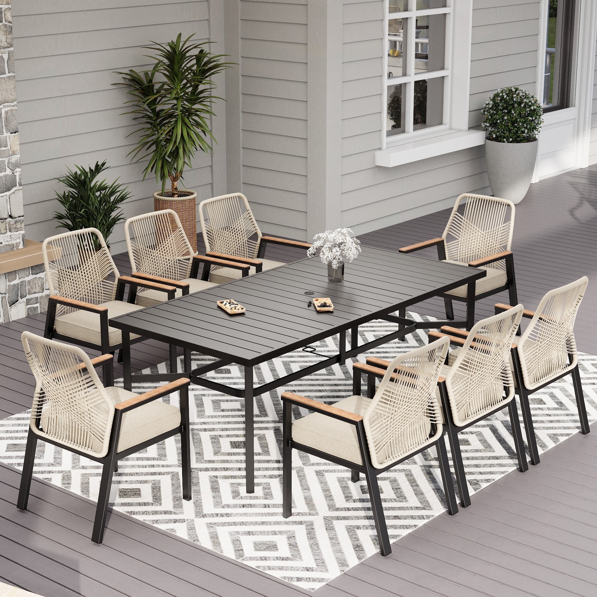 MF Studio 9-Piece Outdoor Dining Set with Cushioned Rattan Chairs & Large 83" Table for 8 Person, Black and Beige