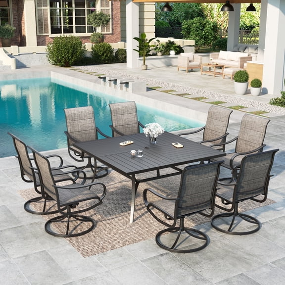 SUMMIT LIVING 9-Piece Outdoor Dining Set with Large Square Table & High-Back Swivel Sling Chairs for 8-Person, Black & Brown-Gray