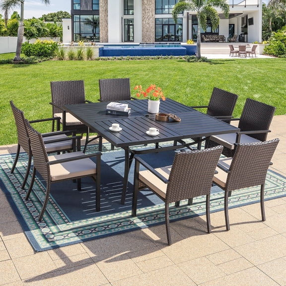 MF Studio 9-Piece Outdoor Patio Dining Set with Large Square Table & Wicker Chairs for 8-Person, Black