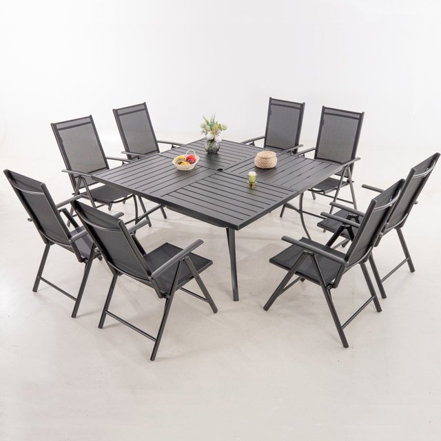 MF Studio 9Piece Outdoor Dining Set with Metal Square Table&Aluminum Folding Sling Chairs for 8