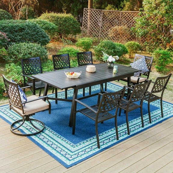 MF Studio 9-Piece Outdoor Dining Set with Swivel Cushioned Chairs & 8-Person Expandable Table, Black & Beige