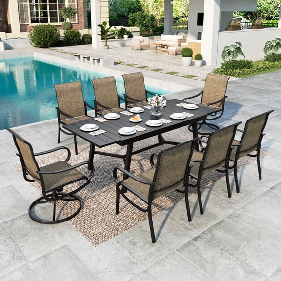 MF Studio 9-Piece Outdoor Patio Dining Set, Extendable Outdoor Table and Textilene Chairs(2 Swivel, 6 Dining Chairs) for 8 People, All-Weather Sling Patio Furniture, Black & Brown-gray
