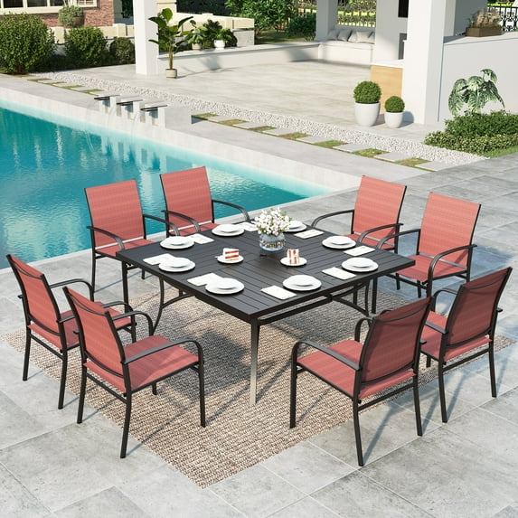 MF Studio 9-Piece Outdoor Patio Dining Set with 8 Textilene Chiars and 1 Metal Steel Square Table, Black & Red