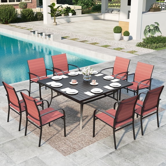 SUMMIT LIVING 9-Piece Outdoor Patio Dining Set with 8 Textilene Chiars and 1 Metal Steel Square Table, Black & Red