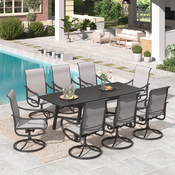 MF Studio 9-Piece Outdoor Patio Dining Set with 84" Large Outdoor Extendable Table and Swivel Textilene Chairs for 6-8 People, Black & Light Gray