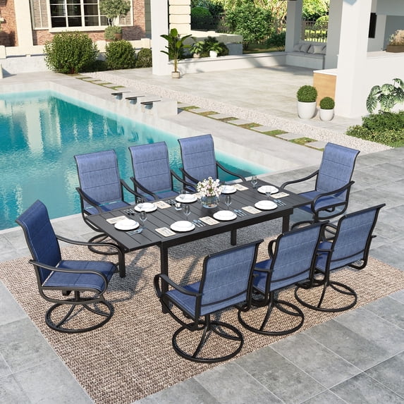 SUMMIT LIVING 9-Piece Outdoor Patio Dining Set with Expandable Table & High-Back Swivel Sling Chairs for 8-Person, All-Weather & Quick-Dry, Black & Blue