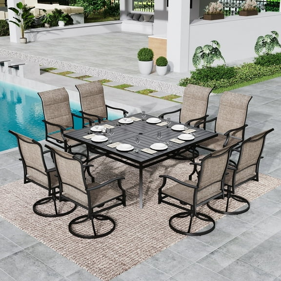 MF Studio 9-Piece Outdoor Patio Dining Set with Large Square Metal Steel Table & High-Back Padded Swivel Chairs for 8-Person, Black & Grayish-brown