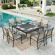 MF Studio 9-Piece Outdoor Patio Dining Set with Large Square Steel Table & Textilene Chairs for 8-Person, Steel Frame, Black & Brown