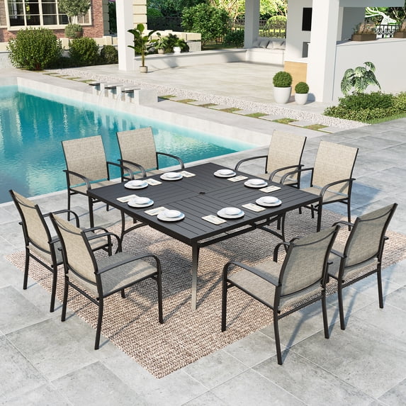 SUMMIT LIVING 9-Piece Outdoor Patio Dining Set with Large Square Steel Table & Textilene Chairs for 8-Person, Steel Frame, Black & Brown