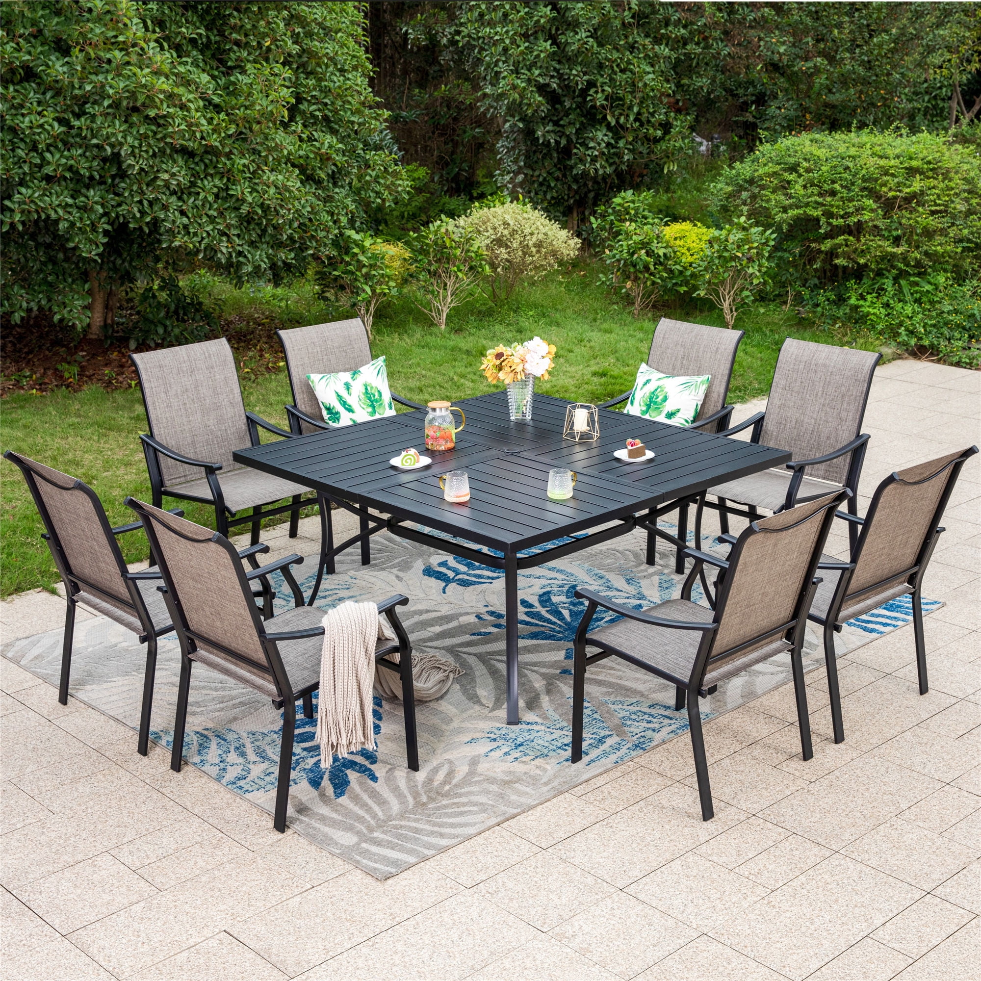 MF Studio 9 Piece Outdoor Patio Dining Set with Large Square Table 8 Textilene Armchairs 350 Lbs Capacity Chairs Black Brown Gray