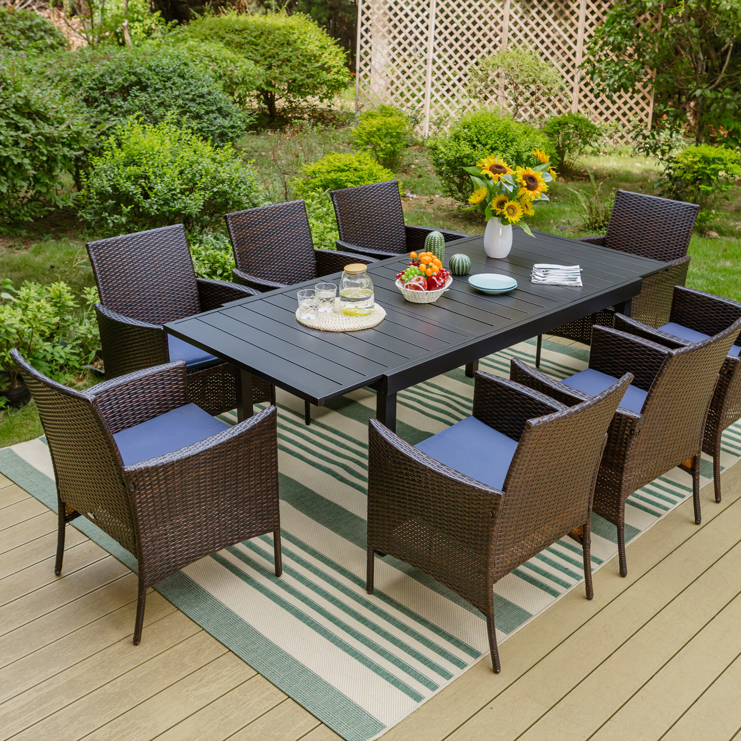Caroline Outdoor 9-Piece Acacia Wood Dining Set with Expandable Dining ...