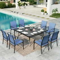 MF Studio 9-Piece Outdoor Patio Dining Set with Metal Steel Square Table & Textilene Chairs for 8-Person, Black & Blue