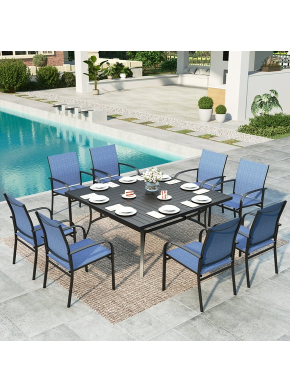 MF Studio 9-Piece Outdoor Patio Dining Set with Metal Steel Square Table & Textilene Chairs for 8-Person, Black & Blue