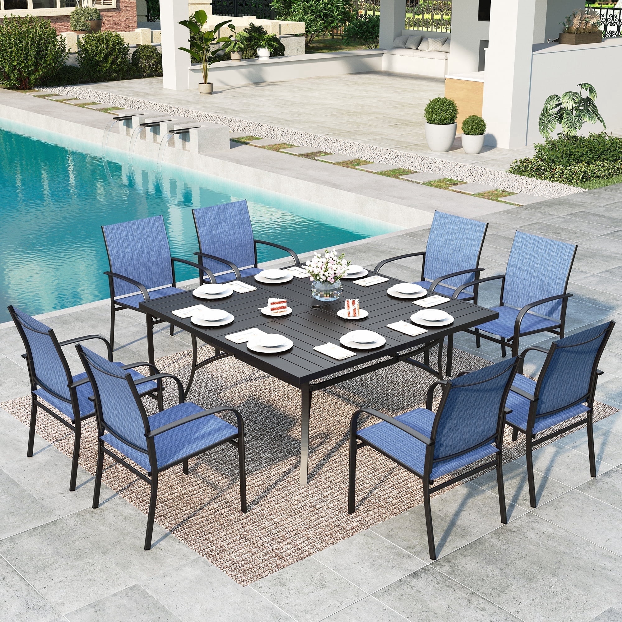 SUMMIT LIVING 9-Piece Outdoor Patio Dining Set with Metal Steel Square Table & Textilene Chairs for 8-Person, Black & Denim-blue