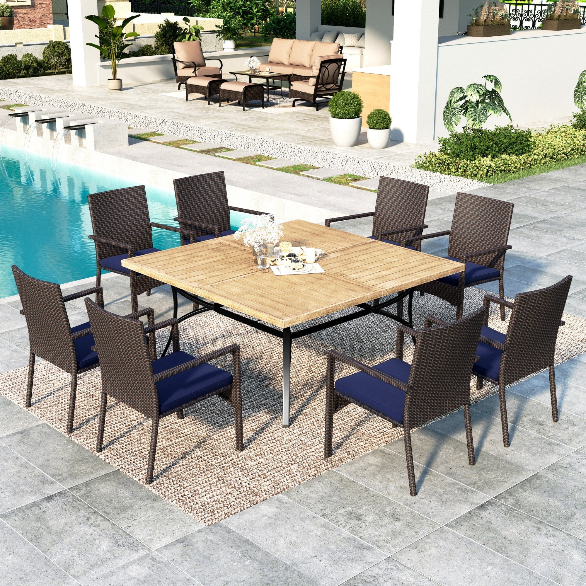 SUMMIT LIVING 9-Piece Outdoor Patio Dining Set with Wood Grain Table & Wicker Cushioned Chairs for 8-Person, Navy Blue