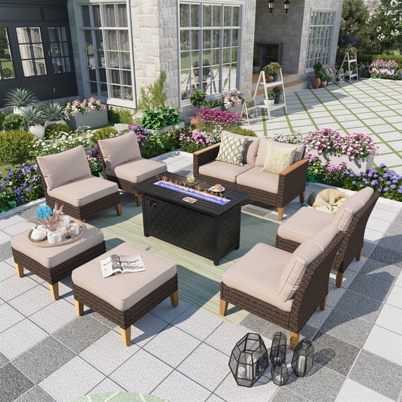MF Studio 9 Piece Outdoor Patio Furniture Set with 45-inch 50,000 BTU Fire Pit Table Patio Conversation Set with Beige Cushions