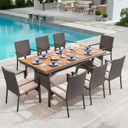 MF Studio 9-Piece Patio Dining Set, All-Weather Rattan Outdoor Dining Set with 74.8" Rectangular Acacia Wood Table, Dark Brown and Beige
