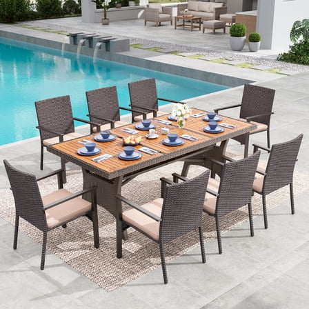 MF Studio 9-Piece Patio Dining Set, All-Weather Rattan Outdoor Dining Set with 74.8" Rectangular Acacia Wood Table, Dark Brown and Beige