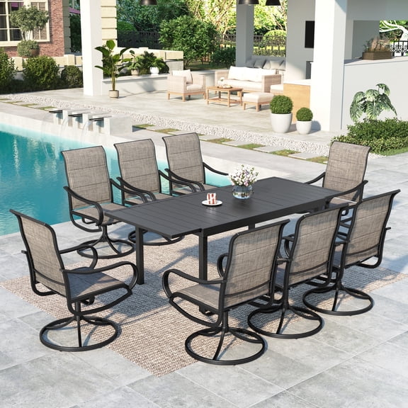 MF Studio 9-Piece Patio Dining Set with Large Extendable Table & High-Back Swivel Chairs for 8, Quick-Dry Padded Textilene Seat, Brown-Gray