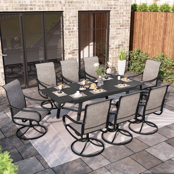 MF Studio 9-Piece Outdoor Patio Dining Set, Extendable Outdoor Patio Table and Swivel High-Back Textilene Chairs, Black & Brown-Gray