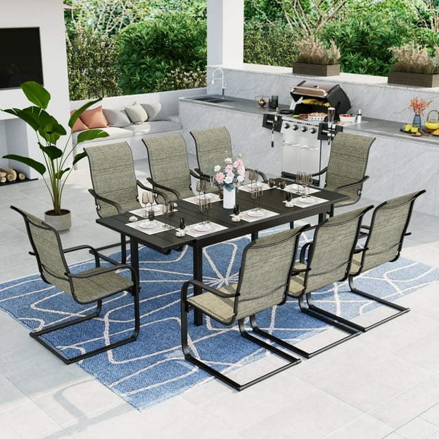 MF Studio 9 Pieces Outdoor Patio Dinning Set with 8 C Spring Textilene