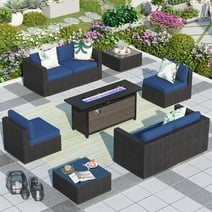 MF Studio 9 Pieces Outdoor Patio Furniture Set with 56-Inch Fire Pit Table Wicker Patio Conversation Set, Navy Blue