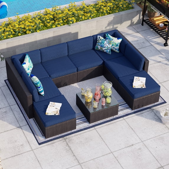 MF Studio 9 Pieces Patio Conversation Set Outdoor Furniture Sectional Wicker Sofa Set with Navy Blue Cushions
